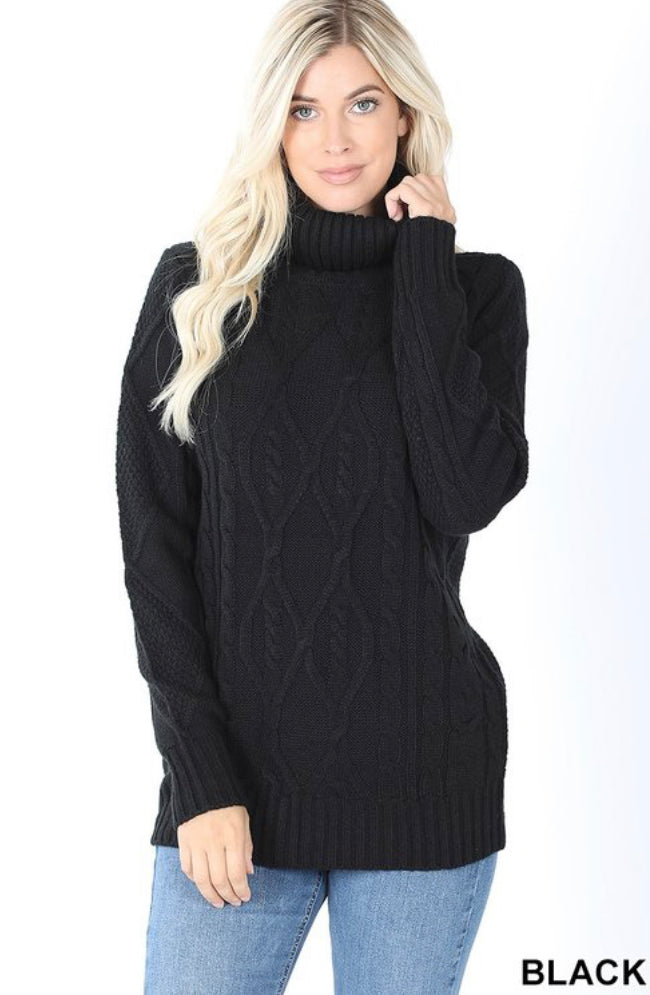 Black Cable Knit Turtleneck Sweater