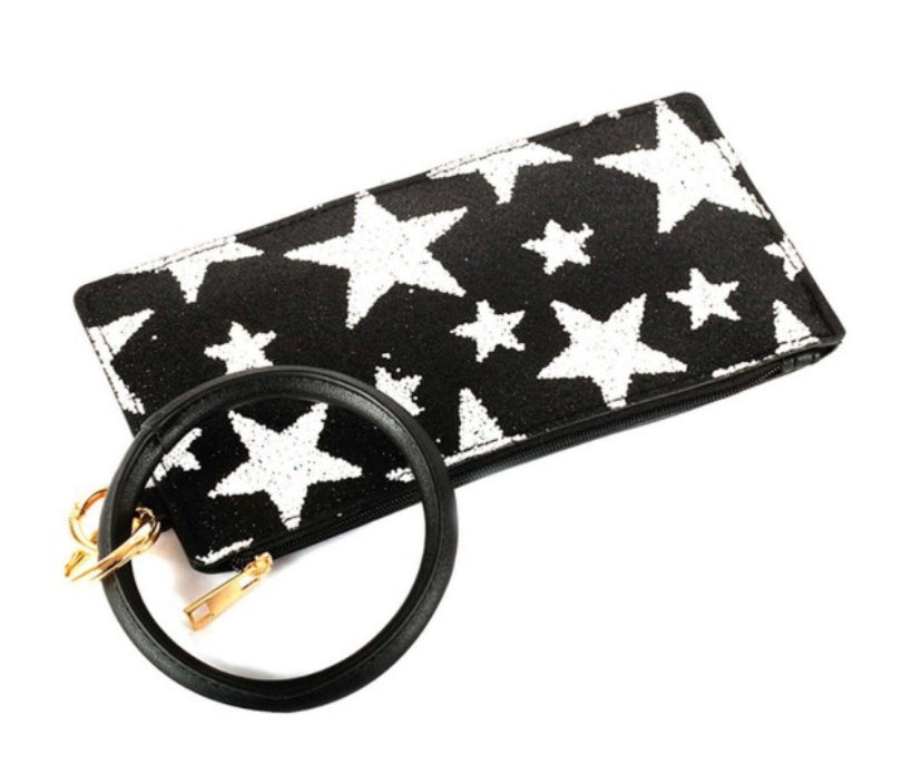 Faux Leather Glitter Star Key Ring Wallet Wristlet