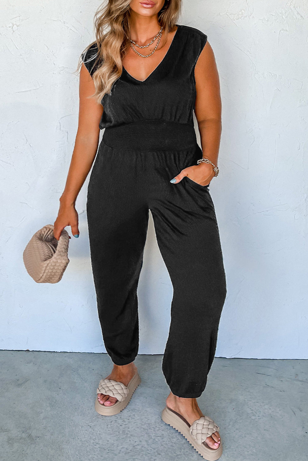 Black Smocked High Waist Sleeveless V Neck Jumpsuit