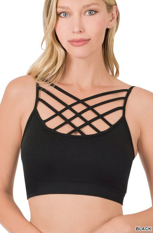 Black SEAMLESS TRIPLE CRISS-CROSS FRONT BRALETTE WITH REMOVABLE BRA PADS