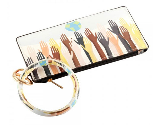 Faux Leather World Peace Themed Key Ring Wallet Wristlet