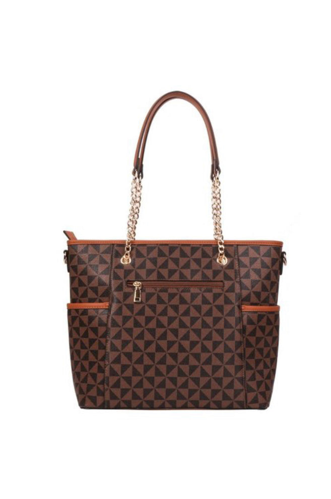 Monogram Print 2-Way Chain Shopper Tote Wallet Set