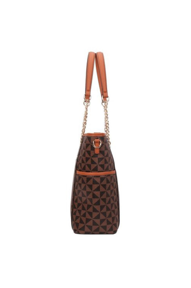 Monogram Print 2-Way Chain Shopper Tote Wallet Set