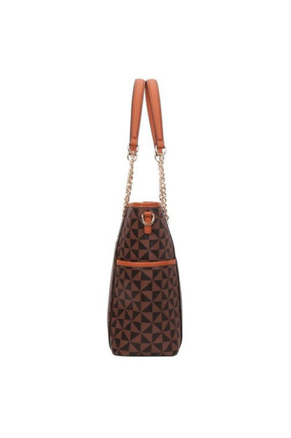 Monogram Print 2-Way Chain Shopper Tote Wallet Set