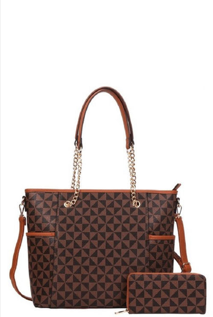 Monogram Print 2-Way Chain Shopper Tote Wallet Set