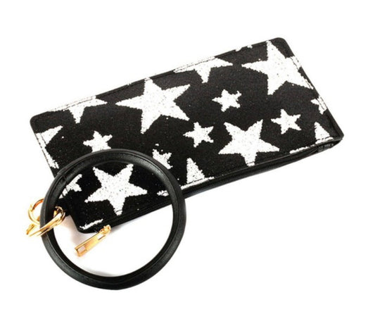 Faux Leather Glitter Star Key Ring Wallet Wristlet