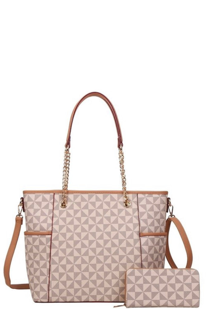 Monogram Print 2-Way Chain Shopper Tote Wallet Set