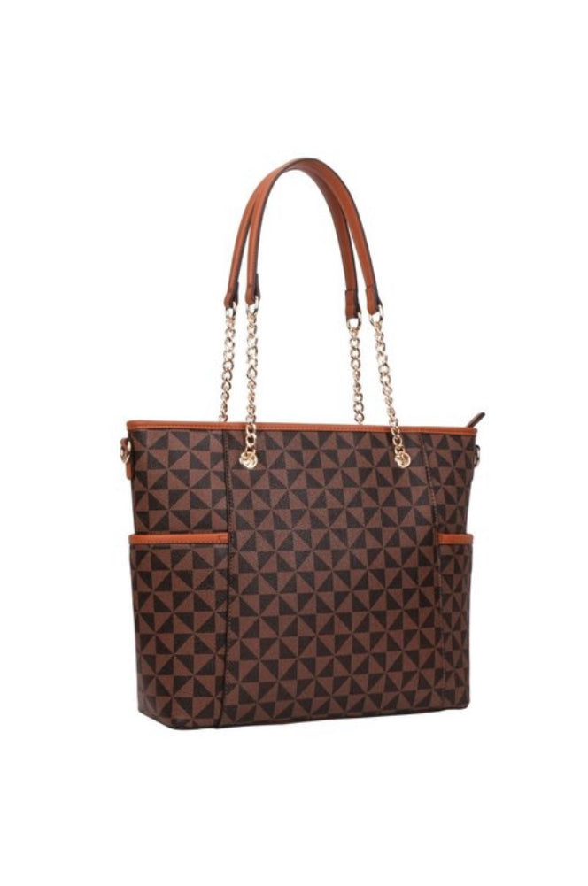 Monogram Print 2-Way Chain Shopper Tote Wallet Set